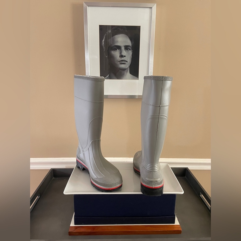 Gray Tall Rain Boots with Red Accents